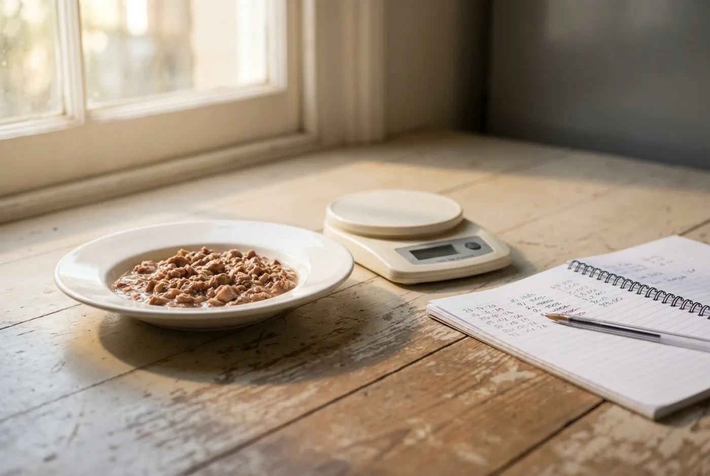 A wide shallow white dish of wet food on a wooden floor in morning light, beside a cheap digital kitchen scale and an open notebook with dates and weights written in pen.