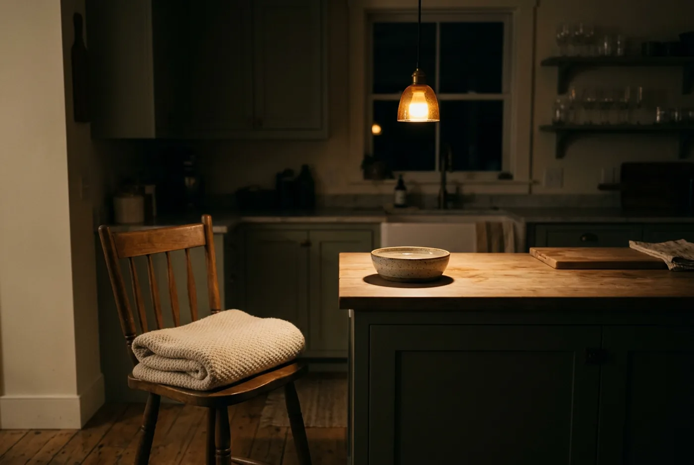 A dim home kitchen late at night, one lamp lit over the counter, a water bowl catching the light and a folded blanket left on a chair.