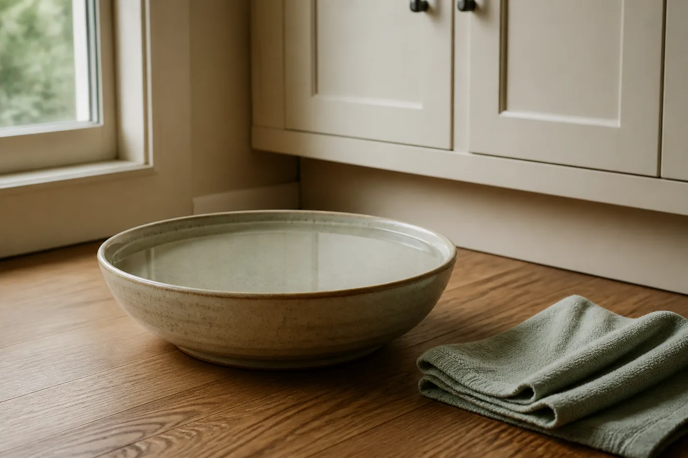 A wide shallow ceramic water bowl on a wooden kitchen floor in morning light, the surface still and untouched, a sage towel beside it.