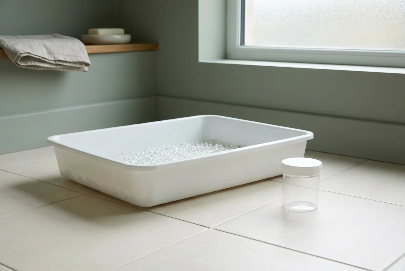 A clean litter tray holding a shallow layer of translucent non-absorbent collection beads, with a small sample pot beside it.