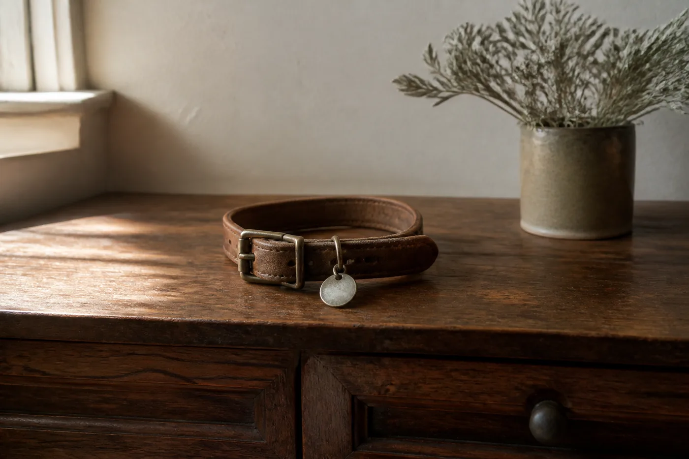 A worn leather collar with a blank metal tag lying on a wooden dresser in late afternoon light.